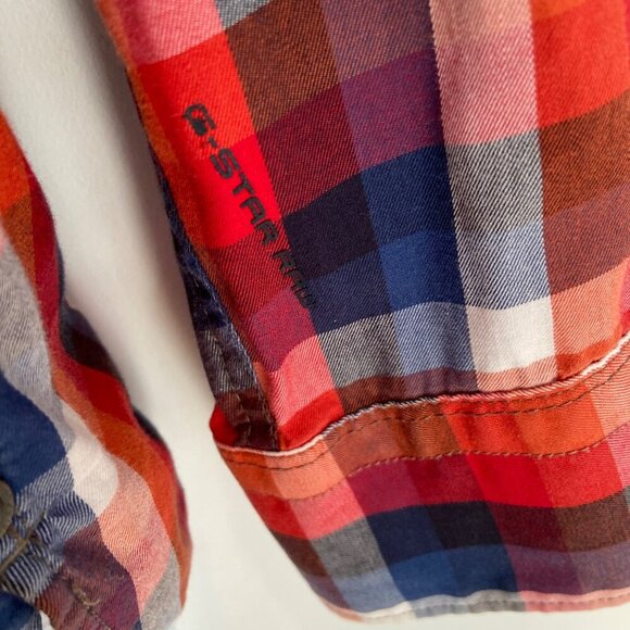 G-Star Raw Men’s Red Blue Plaid Button-Up Shirt Epaulets Size M Streetwear - Picture 6 of 16